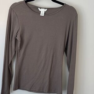 H&M Ribbed Long Sleeve Crewneck Top in Taupe Brown